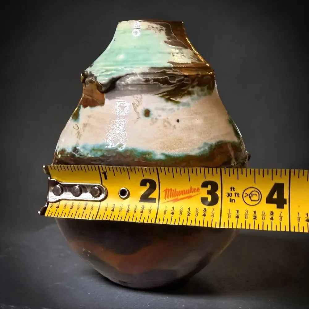Artisan Ceramic Vase Handcrafted Fired Glazed Brown Cream Mint Green Signed